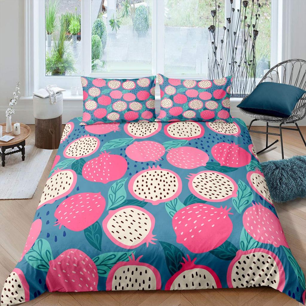 Pitaya Comforter Cover Set Tropical Fruit Theme Duvet Cover Modern Fashion Pink Bedding Set 3pcs for Boys Girls Microfiber Cover