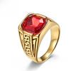Gold-Plated Stainless Steel Ruby Ring, Great Wall Pattern, Unisex Fashion Ring, Fade-Resistant Jewelry