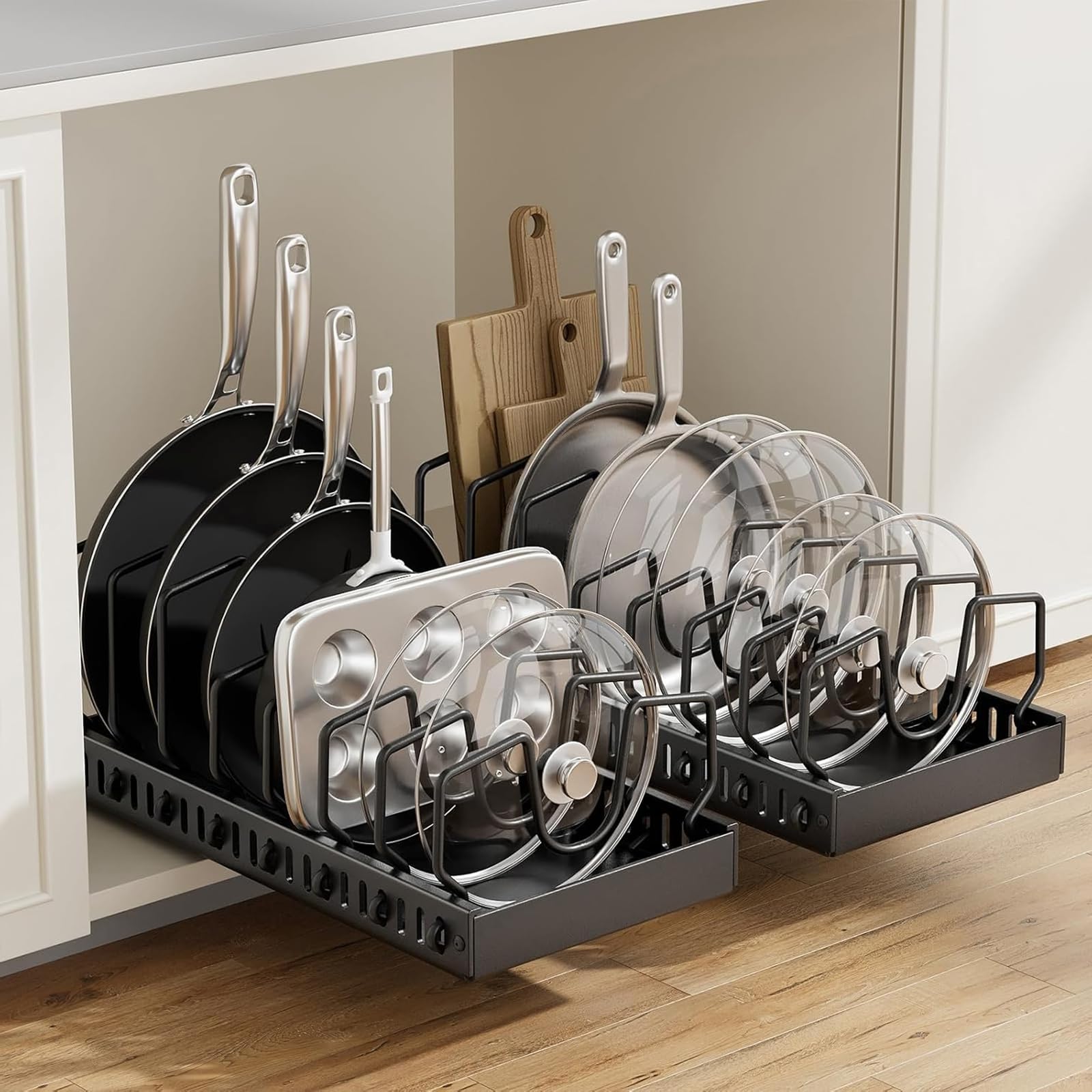 

of Frying Pan Drawer Pot Storage Frying Pan Cutting Lid Holder [Set 2] 8-Compartment Rack, Storage, Sideboard, Stand, Pot, Board, (Black) чорний