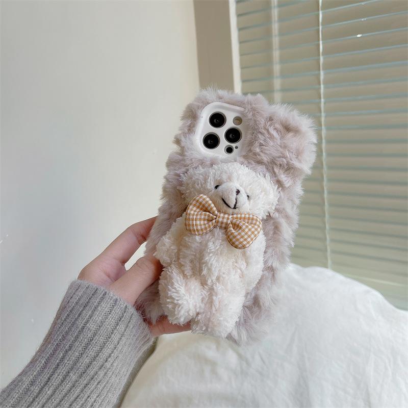 Kompatibilní s Apple 15 Pro Plus a 16 Pro Max, Roztomilý kreslený pouzdro s mašlí z králičí kožešiny Rex a medvídkem, Odolné proti pádu, Pasuje na iPhone 13 & 14.