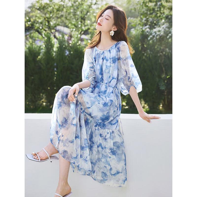 Mohan Yimei Raglan Sleeve Printed A-Line Midi Dress M