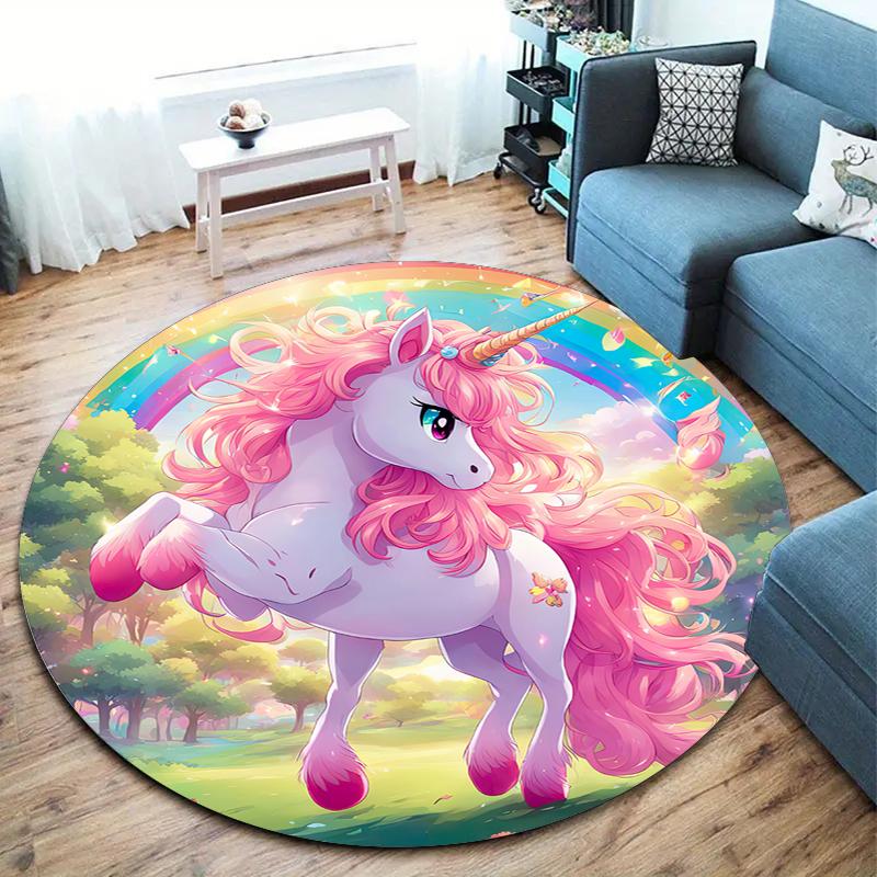 1Pc Cute Unicorn Circular Print Rug - Home Decoration Carpet For Living Room Bedroom Flooring Computer Chair Area Rug
