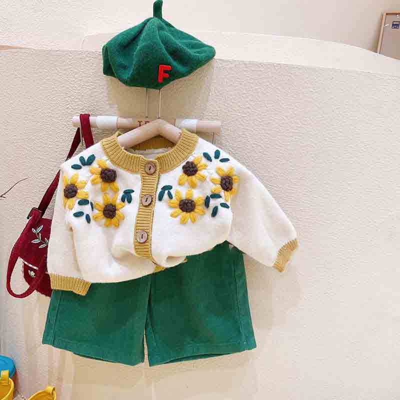 Girls Flower Sweater Cardigan Spring and Autumn Children Fashion Knitwear