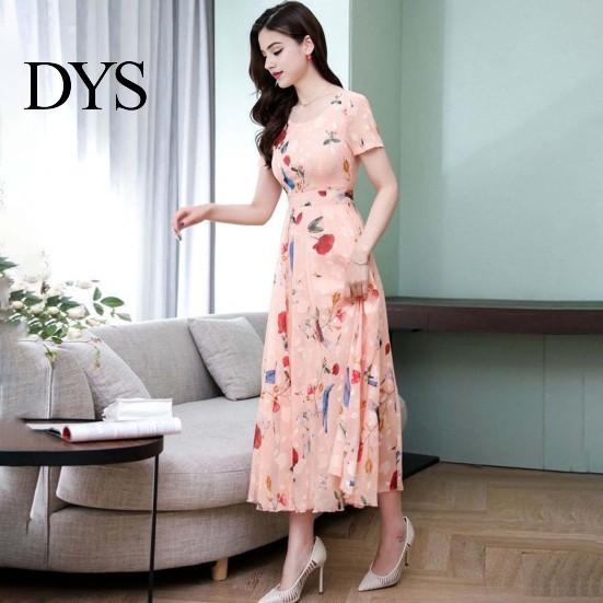 Lightweight Printed Dress Women Party A-line Big Swing Ice Silk O Neck Summer Short Sleeves High Waist Mid-calf Length Prom Dating Midi