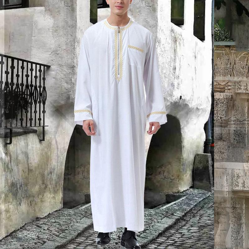 CAMDOM Abito Lungo Arabo Uomo In Lino – Thobe Con Collo A V E Ricami, Kaftan Per Preghiera