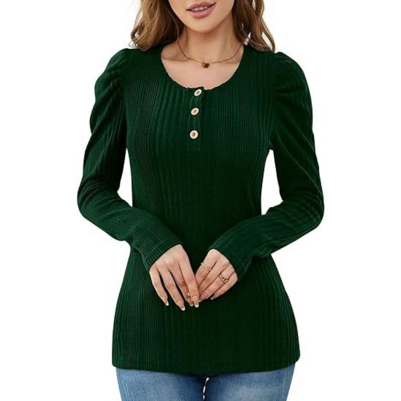 YYFS Women's Fashion Casual Spring Fall Solid Color Print Long Sleeve U-Neck Blouses & Shirts
