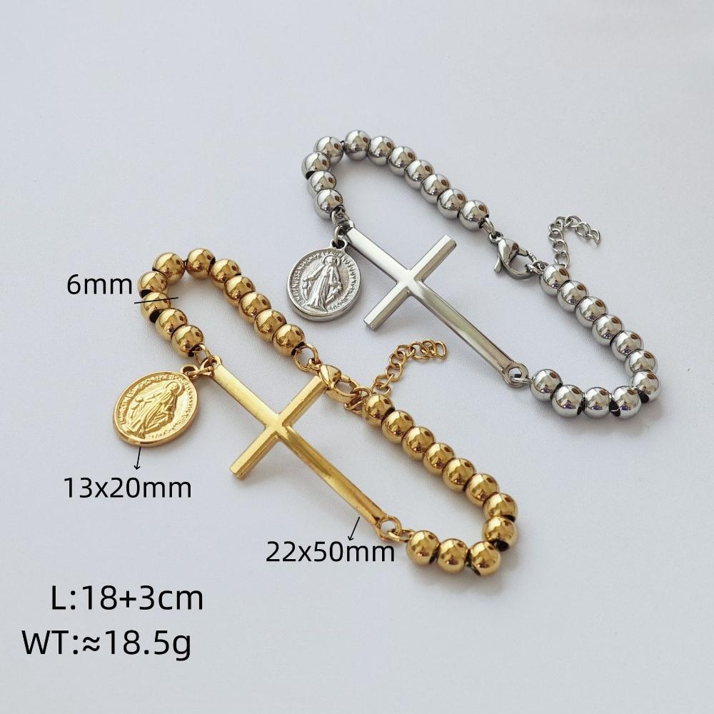 Stainless Steel Beaded Cross Bracelet Miraculous Medal Virgin Mary Charm Rosary Bracelets  Religious Jewelry For Women Men gifts