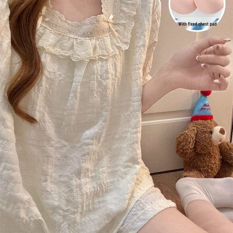 2026 Summer Women's Cotton Pajama Set with Built-in Bra, Lace Trim & Short Sleeves