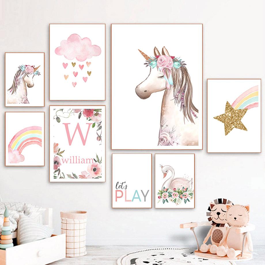 Unicorn Swan Butterfly Rainbow Cloud Flower Posters and Prints Wall Art Print Canvas Painting Pictures Girl Baby Kids Room Decor