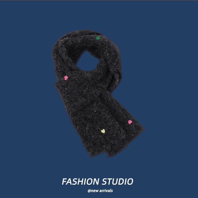 Warm Wool Fleece Scarf With Heart Embroidery Cross Neck Design Lightweight Cozy Winter Accessory Women
