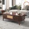 Couchtisch, Rattan-Couchtisch, Schubladen mit Rattan und Schiebetüren mit Massivholzleisten, Beine aus Massivholz, Natürlicher Landhausstil