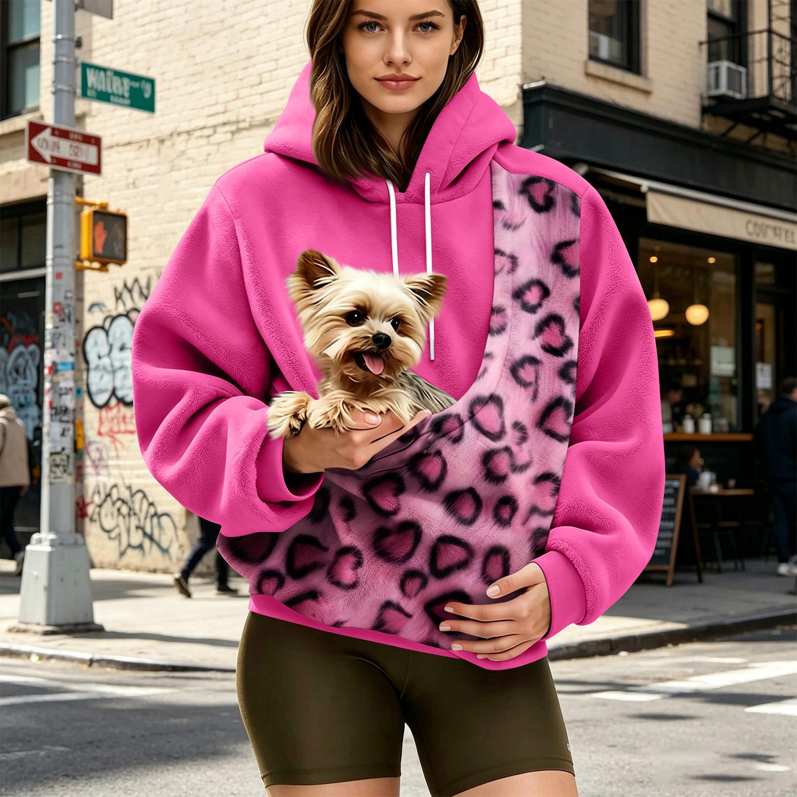 Unisex Lockere Passform Lässiger Kapuzenpullover mit Haustierbeutel und Aussparungstasche für Hund S pink