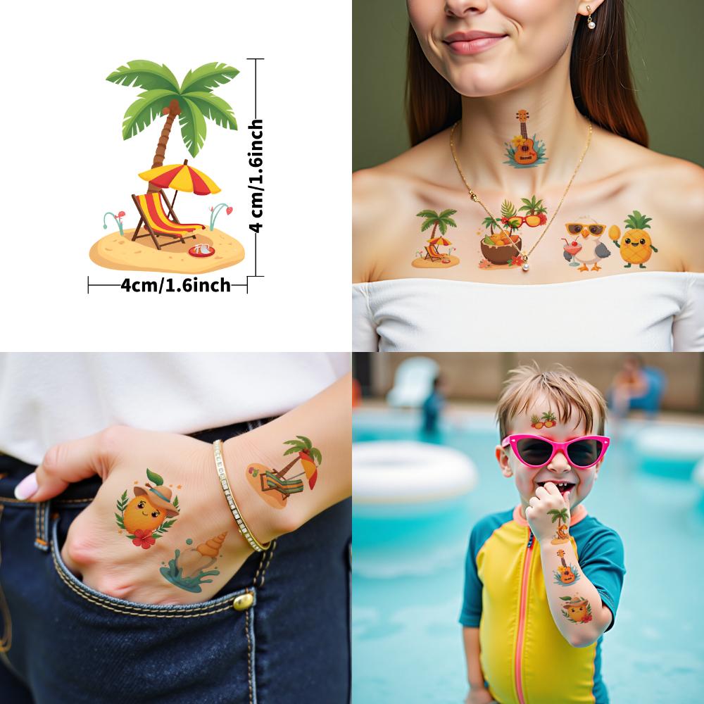 63pcs Temporary Tattoo Summer Icons Waterproof Long-lasting Body Stickers Hawaii Designs Temporary Tattoo Stickers For Arms