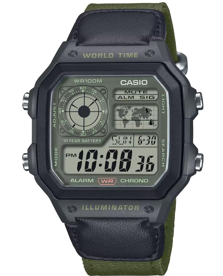 Casio Серия AE1200 Светодиодная подсветка Мировое время Черный/Зеленый, Зеленый, AE1200WHUB-3AV. зелёный
