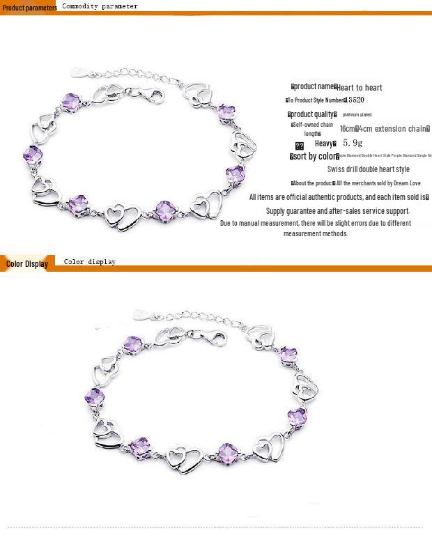 Weihua Women's Silver-Plated Double Heart Amethyst Bracelet - Korean Style Jewelry.