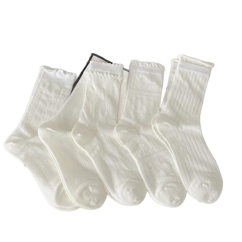 2 Pairs Mesh Breathable White Pile Socks with Lace Trim and Openwork Design, Lightweight and Sweet Mid-calf Length Socks