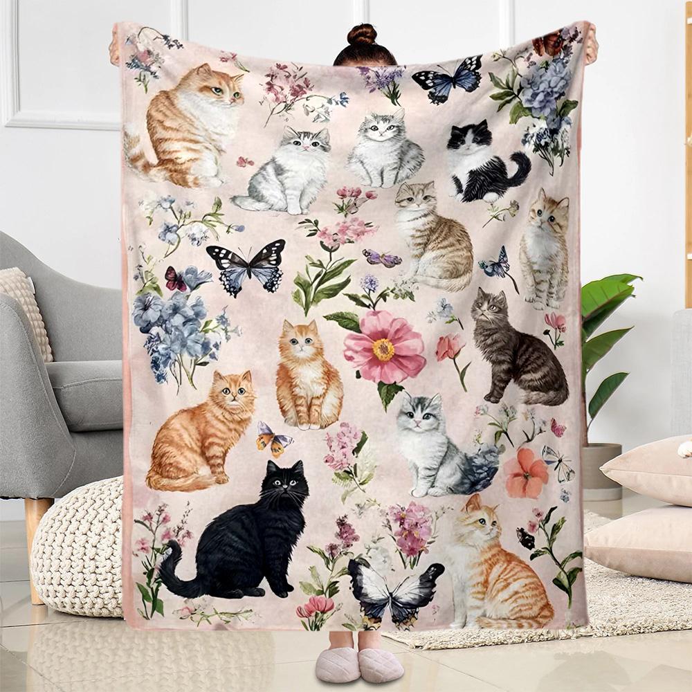 Cats In A Garden Flannel Blanket,Lightweight,Office Blanket,Sofa Blanket,Comfortable Blanket