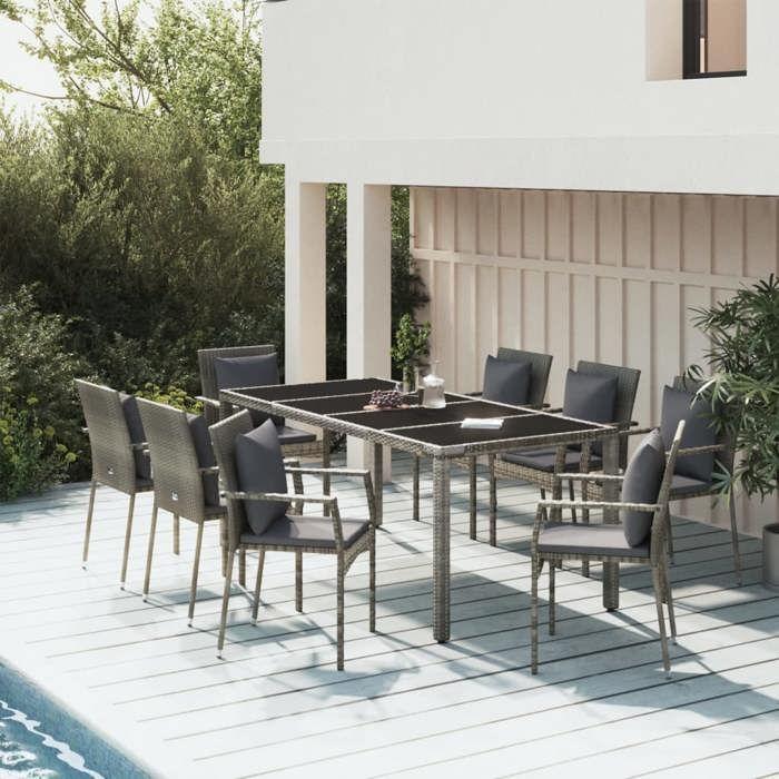 VidaXL Ensemble à manger de jardin 9 pcs coussins gris résine tressée, ensemble de salle à manger 3157962