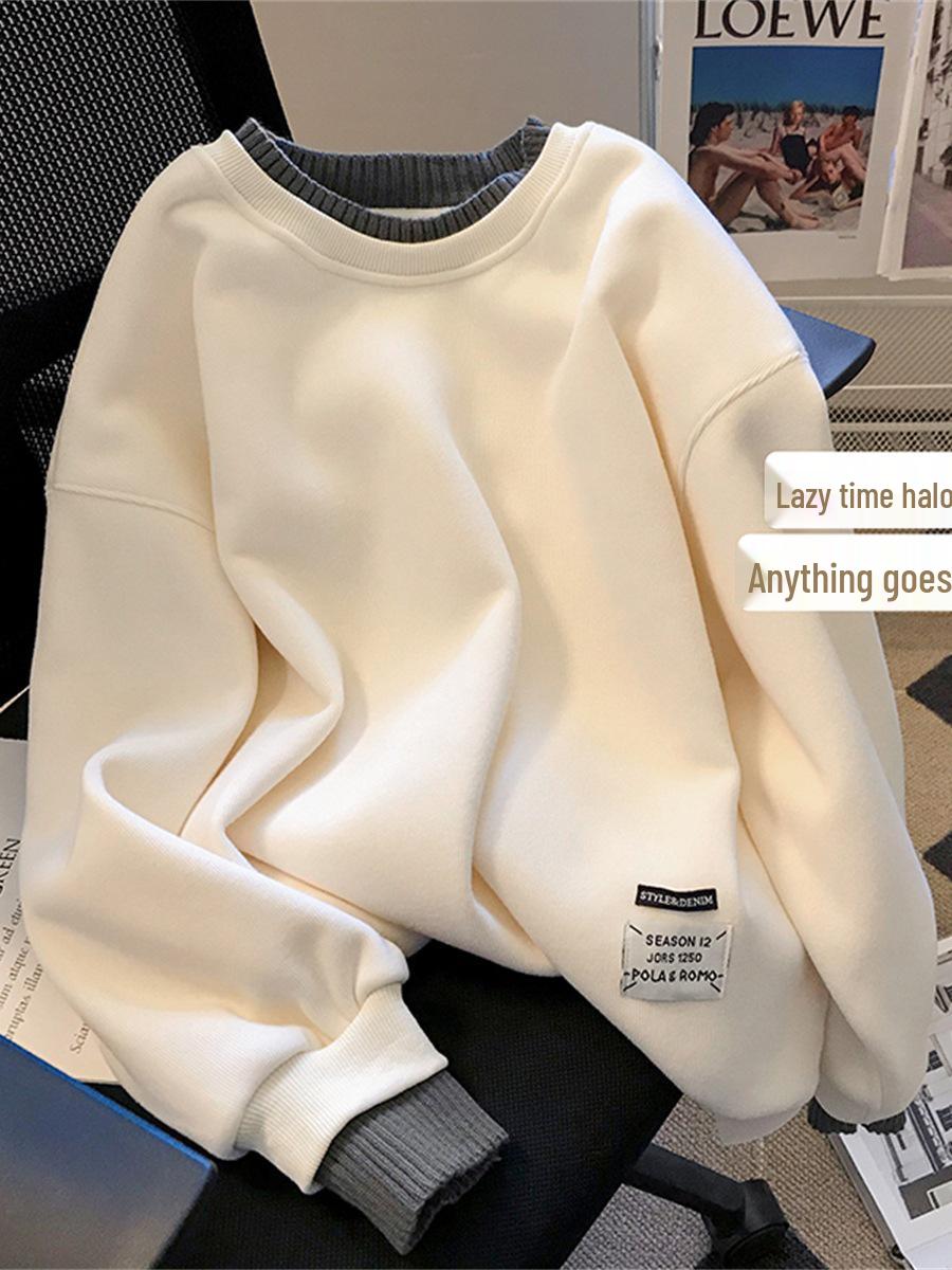 

Women s Plus Size Velvet-Enhanced Round Neck Sweatshirt with Age-Reducing Two-Piece Design for Fall & Winter XL fits 150-170 jin бежевый