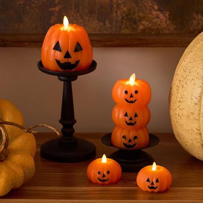 Halloween Bougie Sans Flamme Empilée Jack-O'-Lantern Bougie LED Lumineuse Lampe Bougie Citrouille Fantôme pour Manteau de Cheminée Étagère Table à Manger