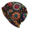 Botanical Floral Skullies Beanie Vibrant Colorful Flowers On Black Soft Stretchy Knit Fashionable Sport Hat for Outdoor Acti