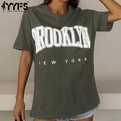 T-shirt e top larghi a maniche corte con scollo a V e stampa a lettere casual da donna