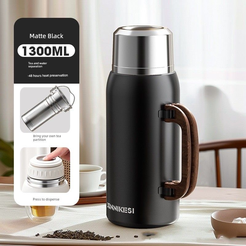 

Large-Capacity Thermos Cup with Handle for Male and Female Students, Stainless Steel Thermos Pot, Household Tea Cup, Portable Travel Kettle Matte Black 1300ml [Double Cap]