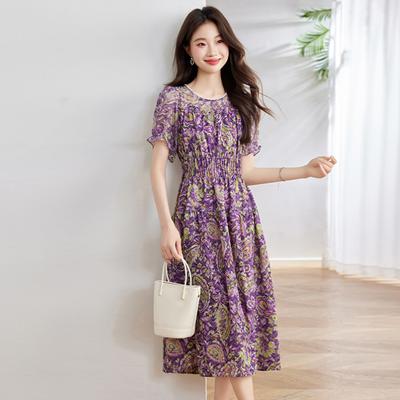 Fashion Round Neck Elastic Waist Dress  New Temperament Elegant Waist Thin Floral Medium and Long Skirt