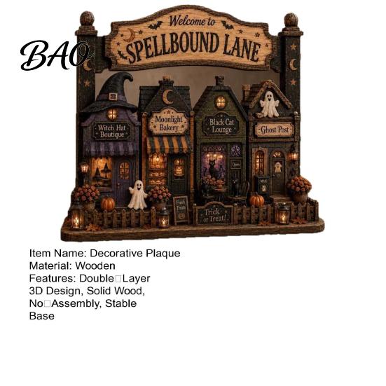 Layered Wooden Street Signs 2D Halloween Village Figurine, Spellbound Lane Haunted House Tabletop Decoration with Small Town Figures Witch Hat