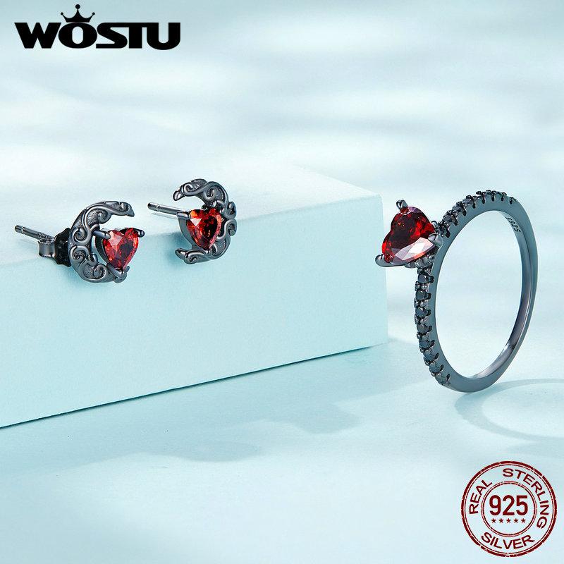 WOSTU 925 Sterling Silver Punk Black Gold Heart Red CZ Stud Earrings For Women Moon Ear Studs Halloween Collection Jewelry Gift