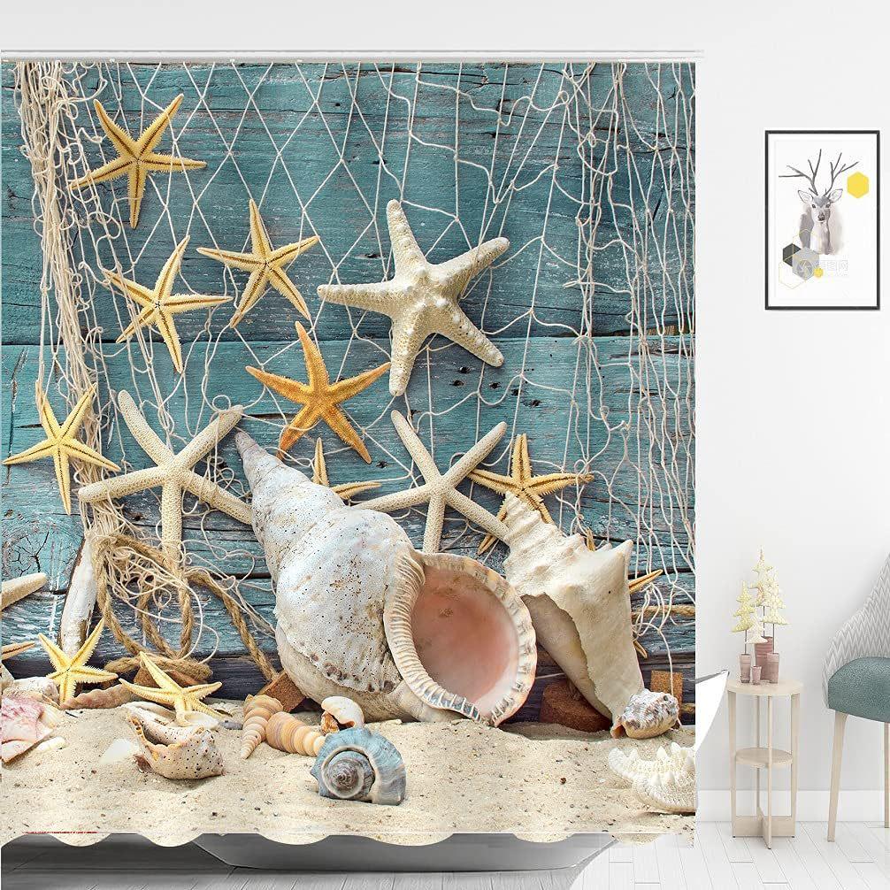 Coastal Marine Shower Curtain: Dolphin, Starfish, Seahorse, Seashell, Sea Turtle - Moisture-Proof, Mildew-Resistant, Waterproof, Beach Bathroom Décor