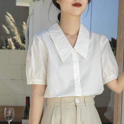 Weißes Hemd für Frauen 2024 Neue Baumwolle Retro V-Ausschnitt Kurzarm Design Nische Französisch Puffärmel Top Sommer