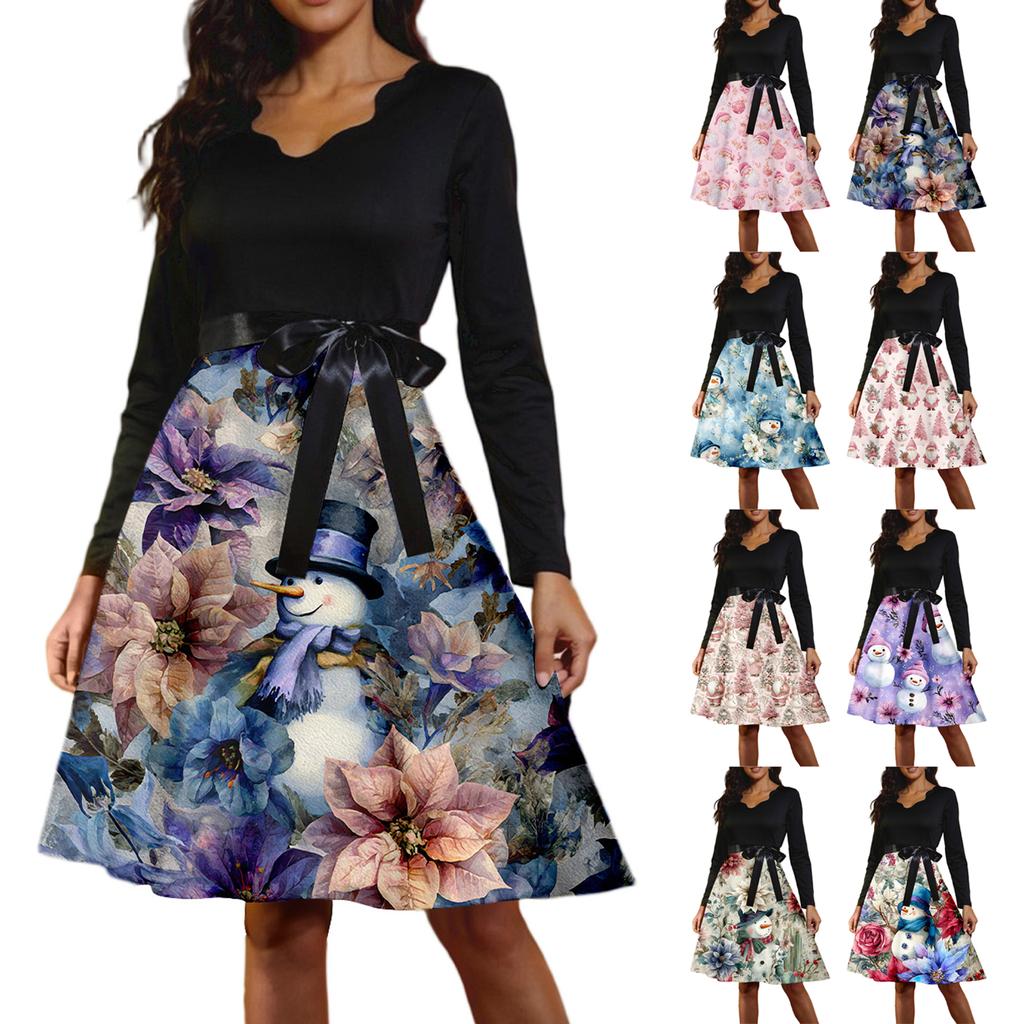 Women's Casual Fashion Long Sleeve Christmas Graphic Printed Vintage Long Dresses