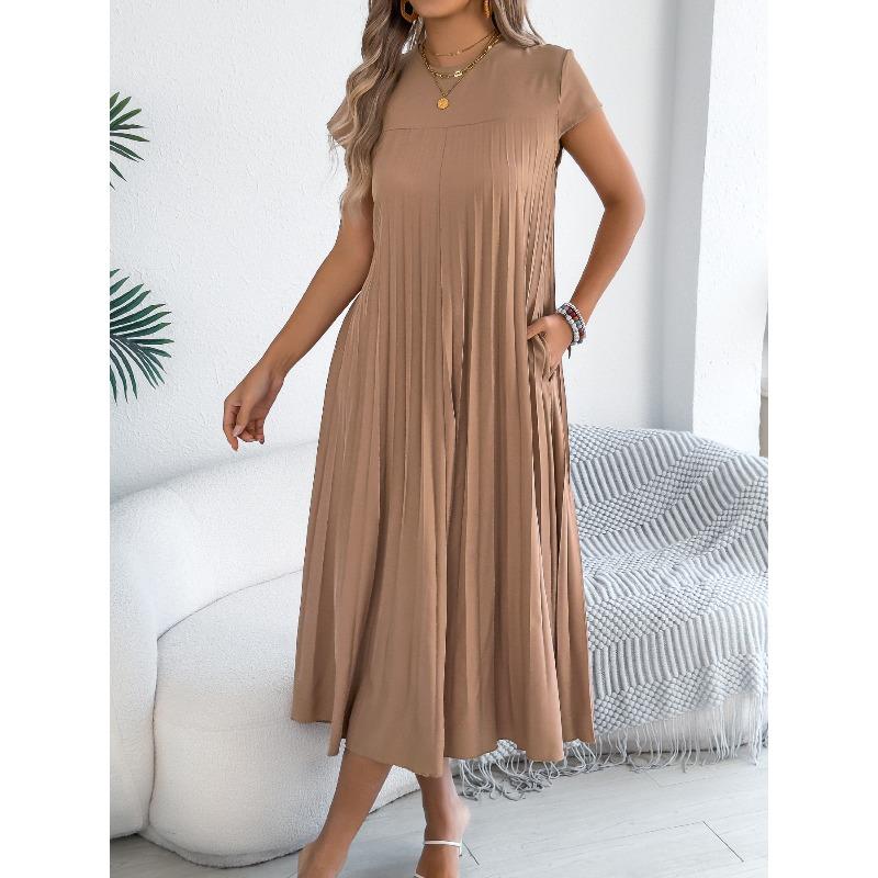 Spring and Summer Casual Loose Short-Sleeved Padded Pleated Dress for Women