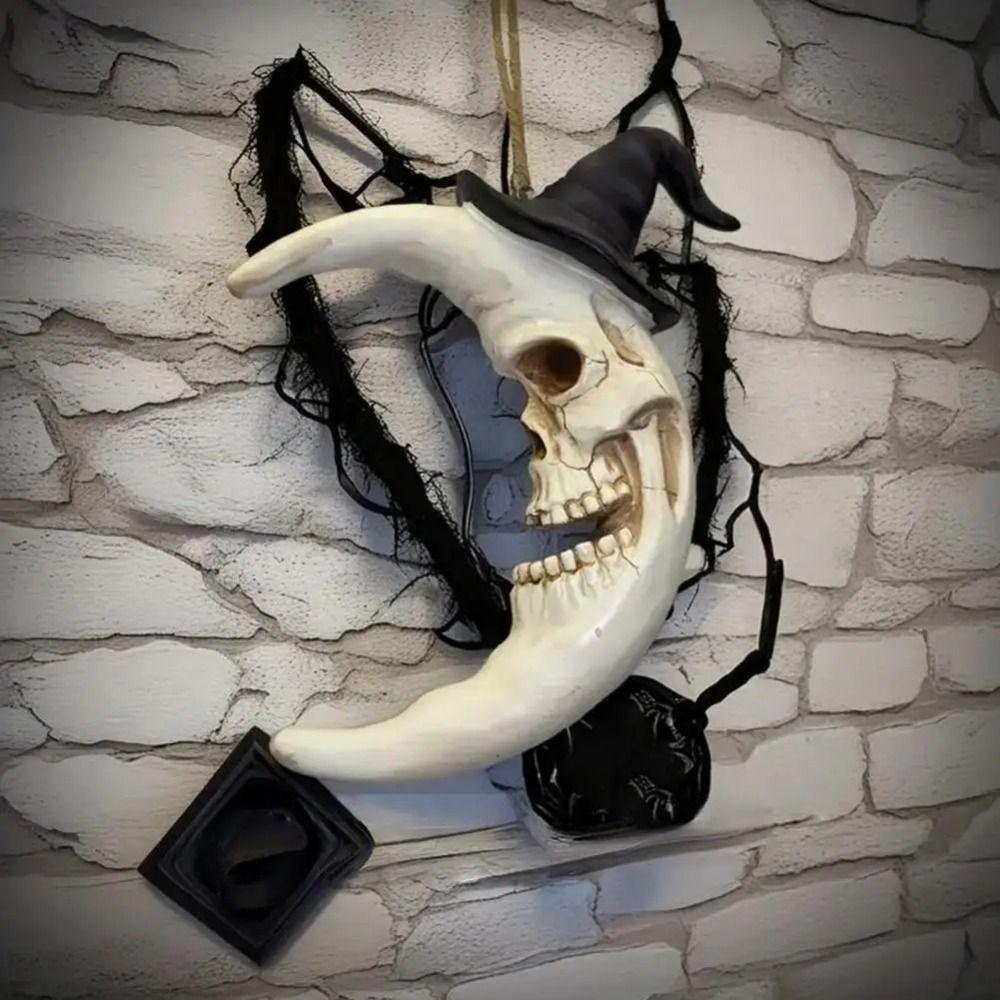 Waterproof Spooky Halloween Skull with Hat Skull Moon Hanging Decoration  Escape Room