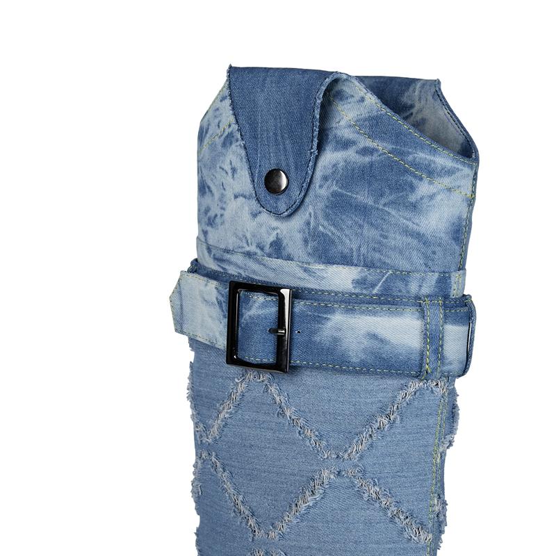 Fashion Kaky's new denim hollowed out pointed toe super high heels large boots high boots 44 45 46