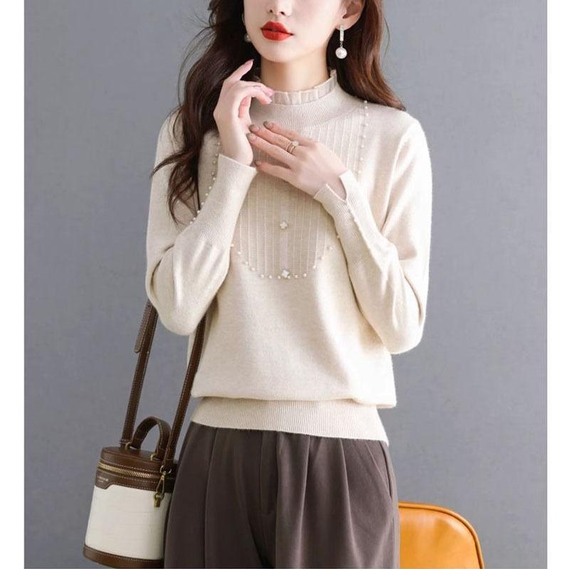 Lace integrated fleece bead sweater with women's new autumn and winter lace wood ear edge semi-turtleneck knitted sweater bottoming shirt