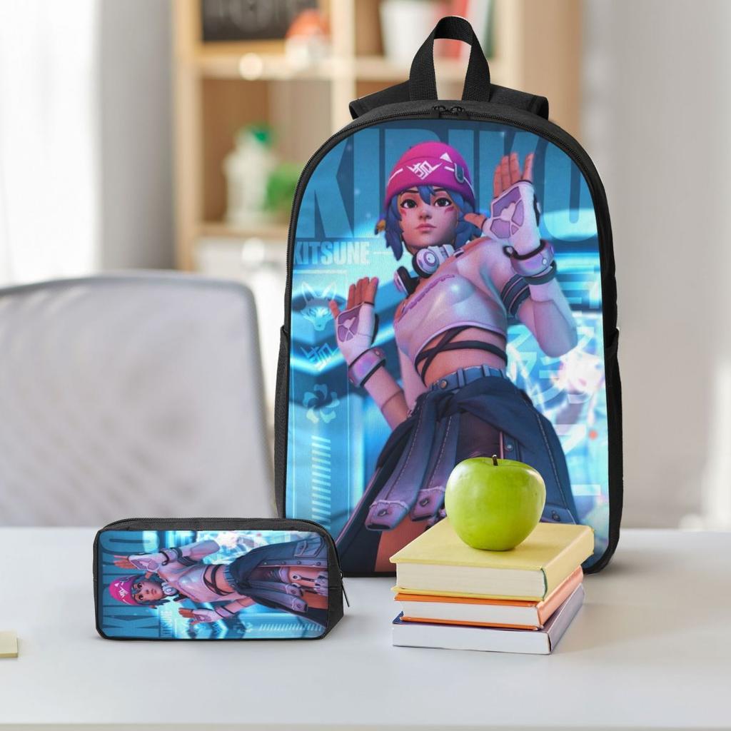 3Pcs Kiriko Overwatch Backpack Set for Girls Boys Pencil Boxes Bookbag Sets with Lunch Box For School Students Knapsack