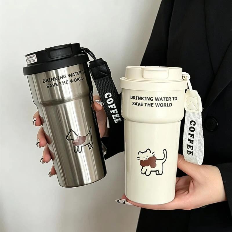 Cute Insulated Coffee Mug St Portable Dual Drink Mouth Women'S High Aesthetic Value Water Cup Heat Preservation Cup