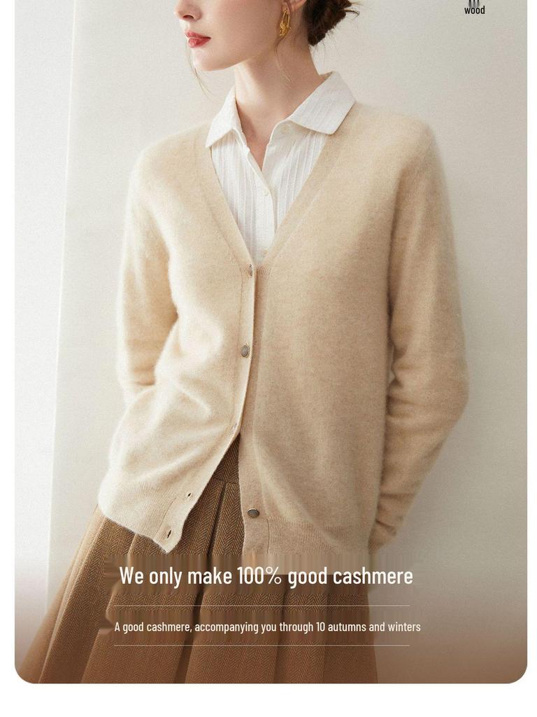 100% Pure Cashmere Women's V-neck Buttoned Cardigan Sweater - 2026 Autumn/Winter Collection