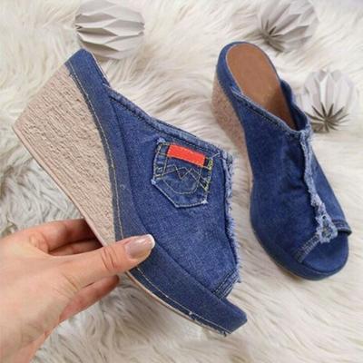Damen Denim Sandalen Keil Hausschuhe Freizeitschuhe