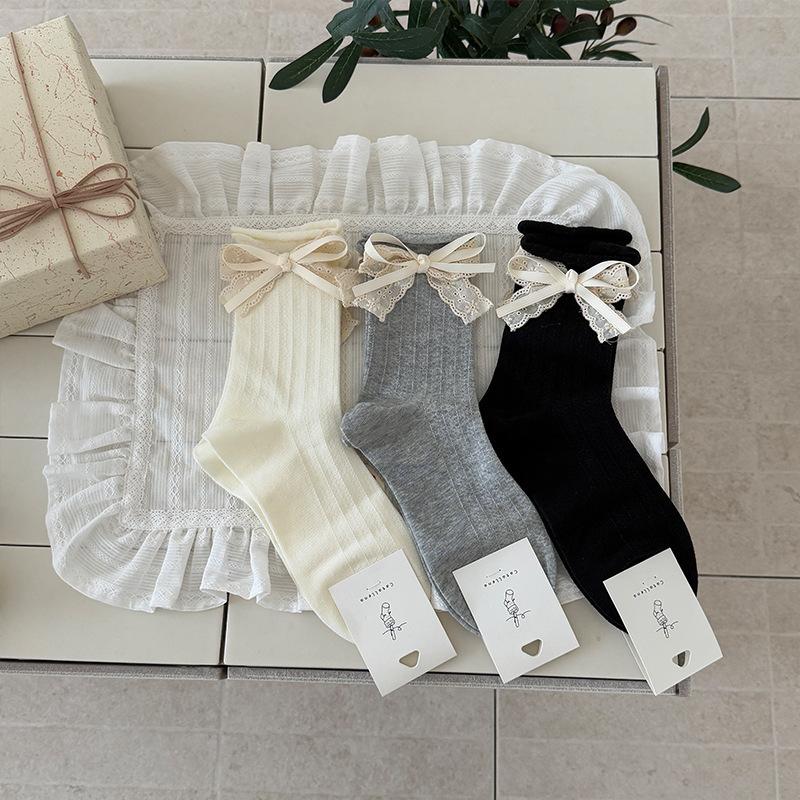 Boneless Socks Sweet Wind Retro Lace Bow Girl Tube Socks Cute Jewelry Pile Socks Cotton