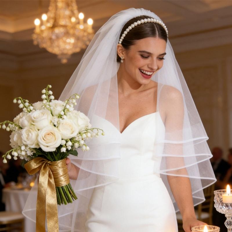 Delicate White Pearls Embellished Hairband Headdress Combined Veil For Bride Formal Event And Everyday Wear