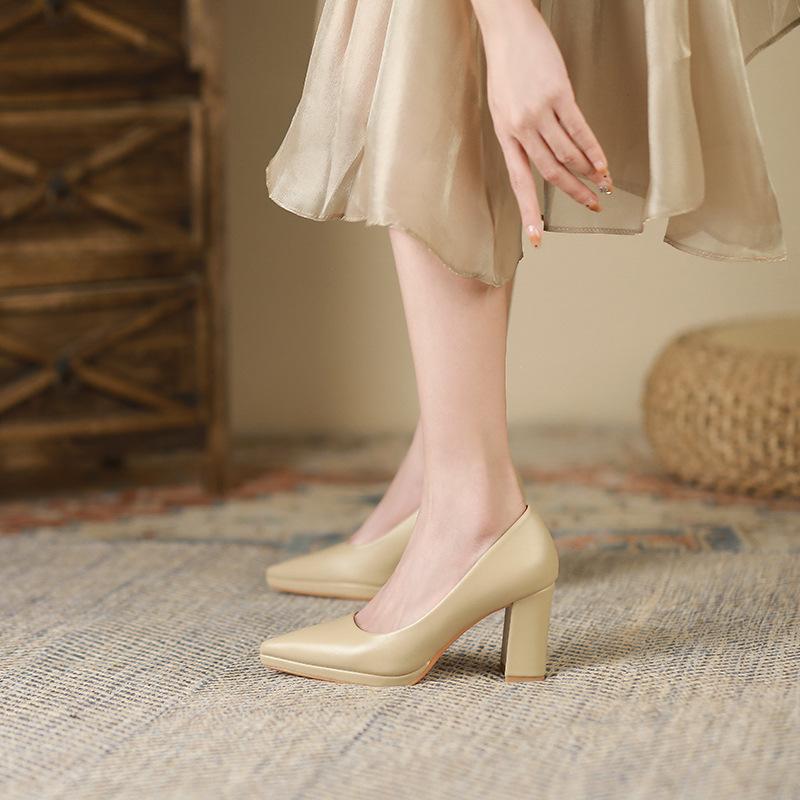 99 French pointed single shoes women's autumn new thick heels high heels women's pedal waterproof table women's shoes