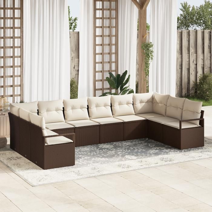 10-piece Garden Sofa Set with Brown Poly Rattan Cushions, 2-seater Garden Sofa with Cushions In 3346558