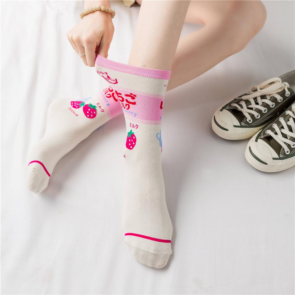 INS Girls' Japanese Cartoon Fruit Coffee Tomato Strawberry Milk Cold Beer Crew Harajuku Hipster Skateboard Mid Tube Socks