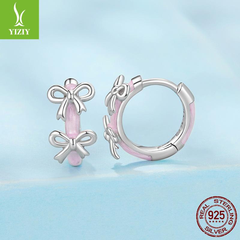 Romantic Pink Bow Ear Buckle Girl Sweet Girl Heart S925 Sterling Silver Earrings Earrings
