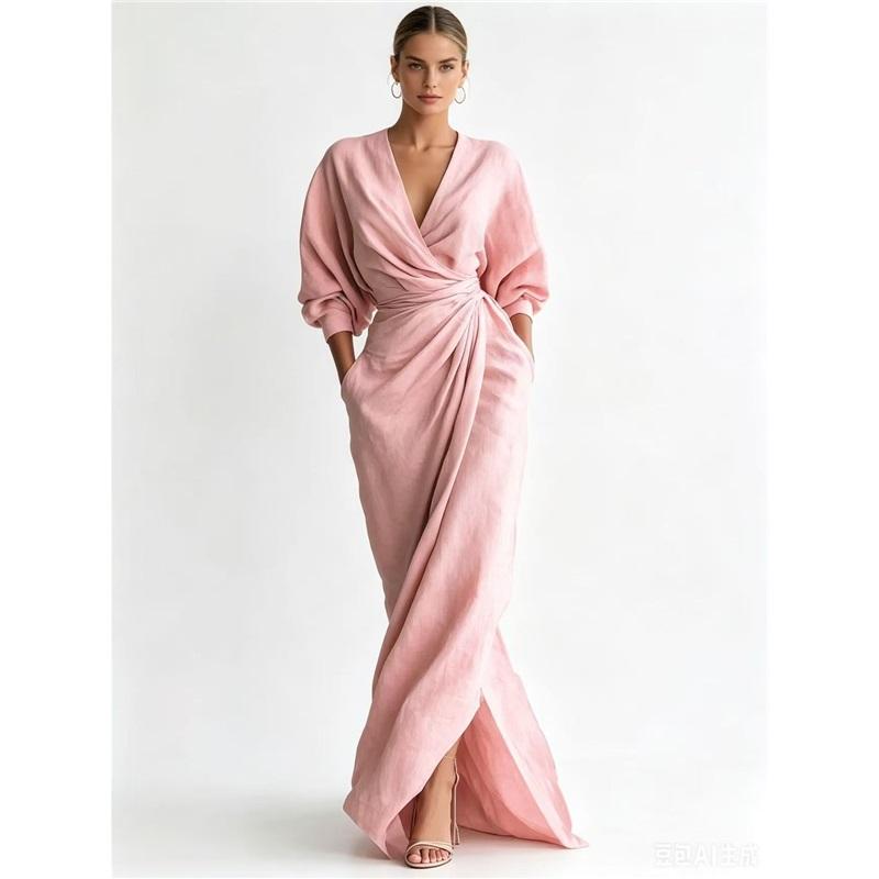 Dames V-hals Wikkel Maxi Jurk Vleermuis Lange Mouw Taille Twist Geplooid Split Zoom Zijzakken Elegante Satijnen Gevoel Avondjurk
