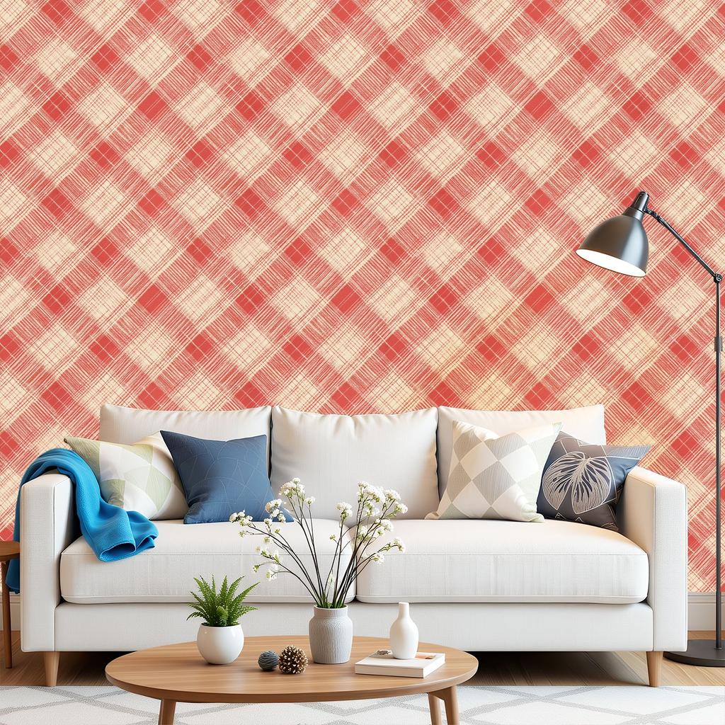 Red Beige Plaid Wallpaper 22.83"X118" Waterproof Wallpaper for Living Room/Bedroom/Bathroom PVC Wall Sticker