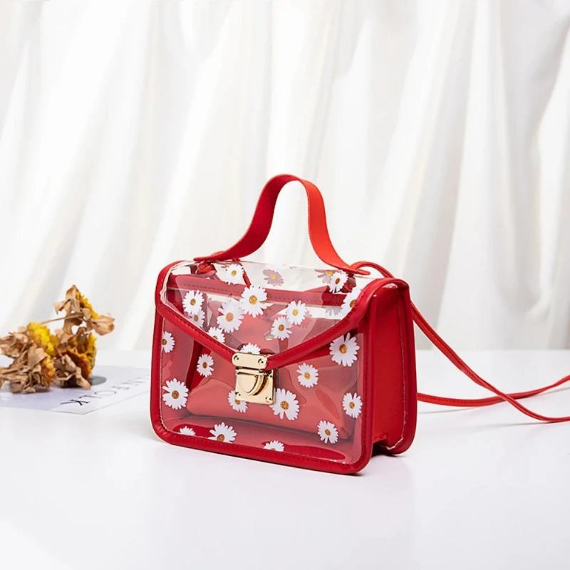 Womens Diagonal Straddle Shoulder Bag Cute Print Small Square Bag Popular Fashion Transparent Crossbody Bag